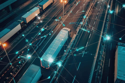Transportation and logistics network distribution growth. .Engineers online checking, Management and control cargo trucks by AI generated image.