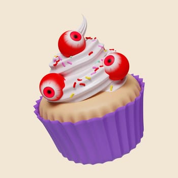 3d Halloween cupcake. Funny sweet monster. Traditional element of decor for Halloween. icon isolated on gray background. 3d rendering illustration. Clipping path..