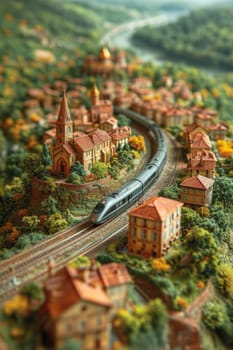 A high-speed railway locomotive is on its way through the city. 3d illustration.