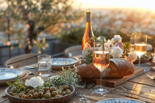 A table with two glasses of champagne, a bottle of champagne, and a bowl of olives