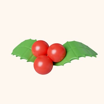 3d Christmas red berries icon. minimal decorative festive conical shape tree. New Year's holiday decor. 3d design element In cartoon style. Icon isolated on white background. 3D illustration.