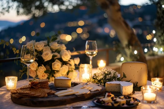 A table with two glasses of champagne, a bottle of champagne, and a bowl of olives