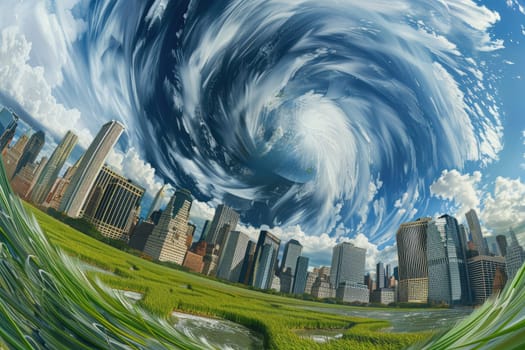 A surreal rendering of the city skyline with buildings bending like grass in the wind. Under the swirling and lively sky Shows the adjustment in the city. by AI generated image.