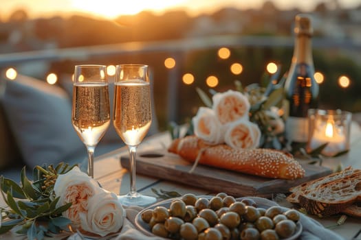 A table with two glasses of champagne, a bottle of champagne, and a bowl of olives