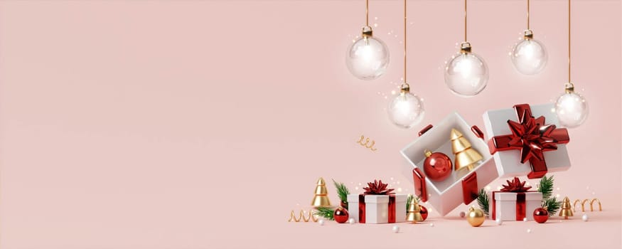 3d Christmas and New Year background. Xmas pine fir lush tree, gifts box. Glass Balls hanging on ribbon. Bright Winter holiday composition. Greeting card, banner, poster.