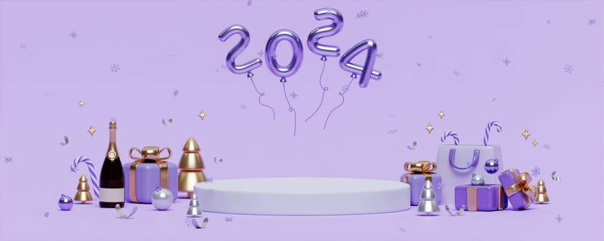 3D Rendering Christmas and New Year purple golden 2024 balloon and podium for social media banner, shopping..