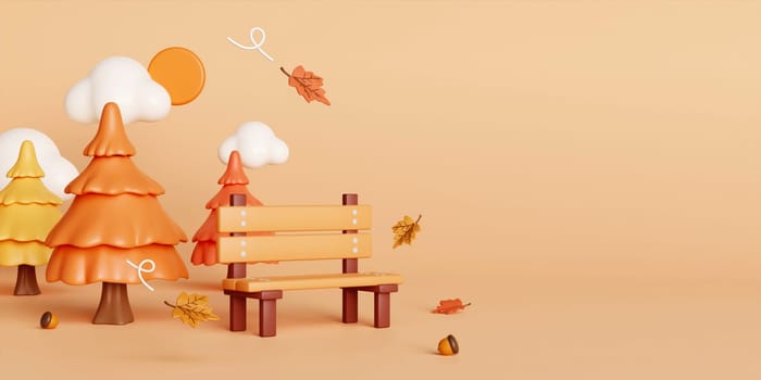 3d Autumn with fallen leaves, bench and pine tree. concept of autumn, winter and outdoors. copy space text, 3D rendering.