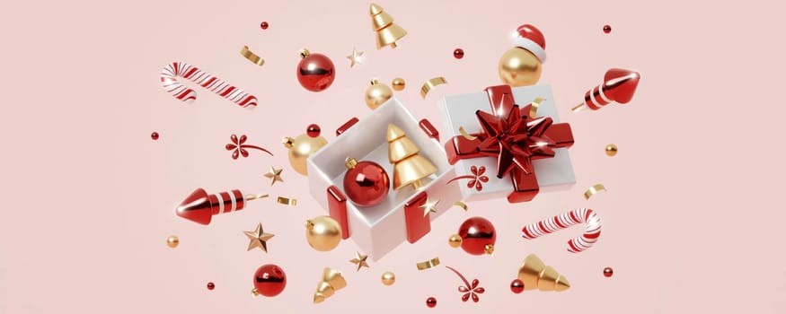 Christmas banner. Background Xmas design of sparkling lights garland, with realistic glitter gold confetti. square New Year poster, greeting card, header, website. 3d render.