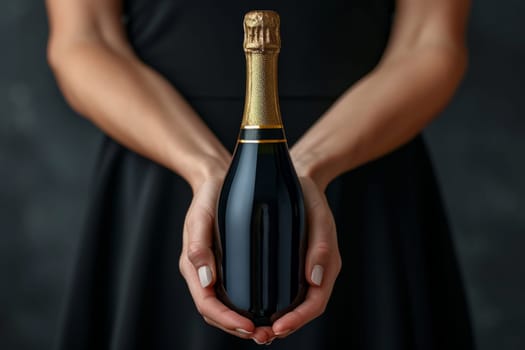 Close-up of a woman's hand holding a bottle of champagne. Place for the inscription.