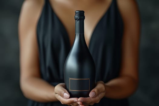 Close-up of a woman's hand holding a bottle of champagne. Place for the inscription.