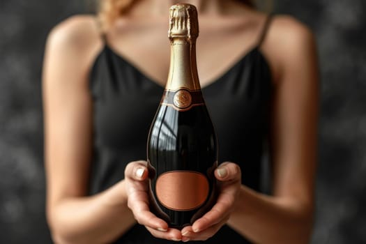 Close-up of a woman's hand holding a bottle of champagne. Place for the inscription.