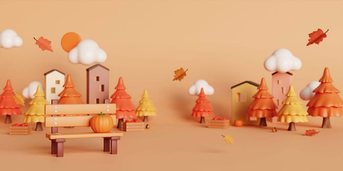 3d Autumn with fallen leaves, bench and pine tree. concept of autumn, winter and outdoors. copy space text, 3D rendering.