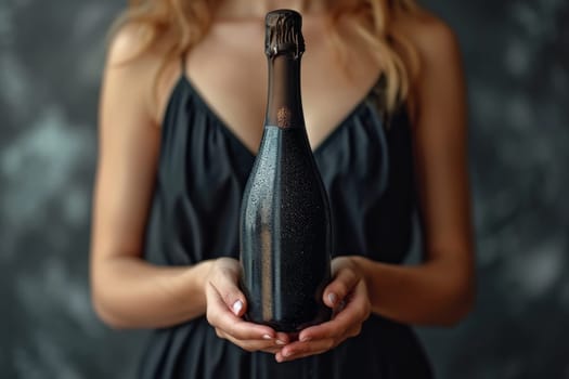 Close-up of a woman's hand holding a bottle of champagne. Place for the inscription.