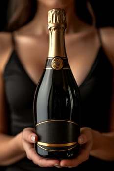 Close-up of a woman's hand holding a bottle of champagne. Place for the inscription.