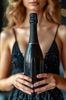 Close-up of a woman's hand holding a bottle of champagne. Place for the inscription.