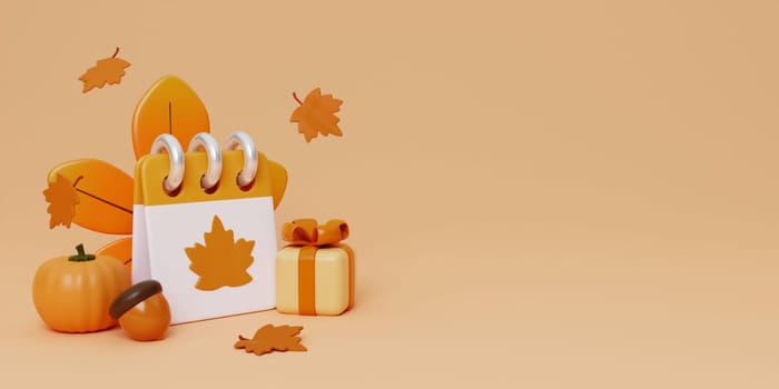 Hello Autumn with autumn calendar, leaves, pumpkins, walnut and gift box background. 3d Fall leaves for the design of Fall banners, posters, advertisements, cards, sales. 3d render illustration..