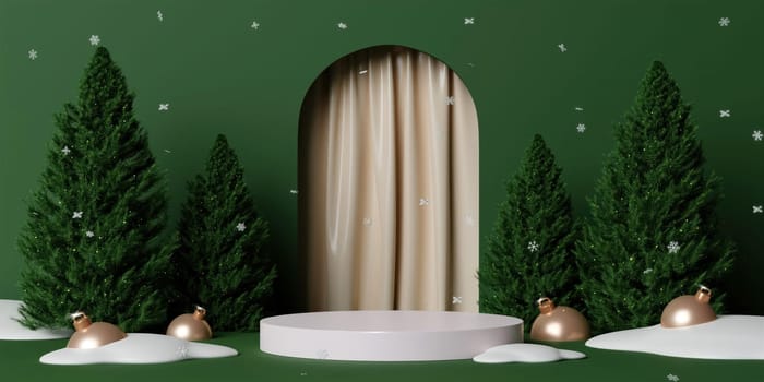 3d Christmas tree podium. Realistic 3d with design stage podium. Decorative festive elements glass bauble balls. Xmas holiday template podium..