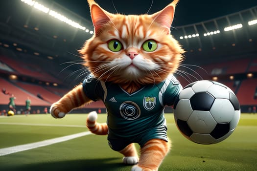 cat athlete football player playing football on the football field .AI generated image.