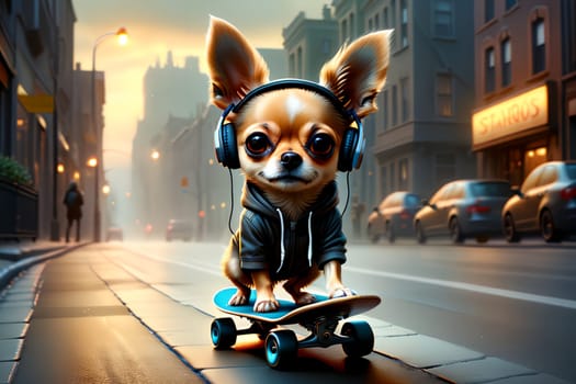 a teenage Chihua dog rides a skateboard on the street in the evening. AI generated image.