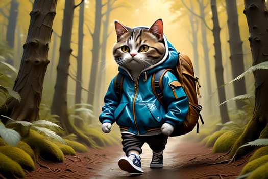 the cat takes a walk in the forest .AI generated image.