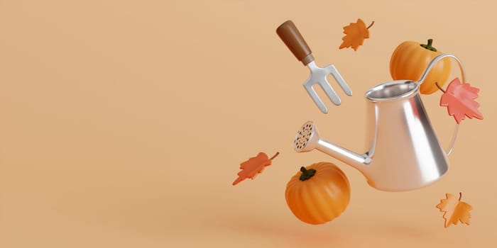 3d Autumn with watering can, leaves, pumpkins, and Shoveling fork background. 3d Fall leaves for the design of Fall banners, posters, advertisements, cards, sales. 3d render illustration..