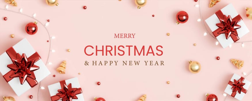 Christmas banner. Background Xmas design of sparkling lights garland, with realistic gifts box, glitter gold confetti. Horizontal New Year poster, greeting card, header, website. 3d render.
