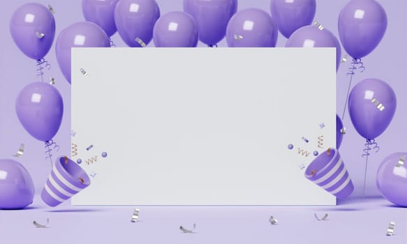 Purple balloons and white paper on purple background. Empty space for happy new year, party, promotion social media banners, posters, 3d render illustration..