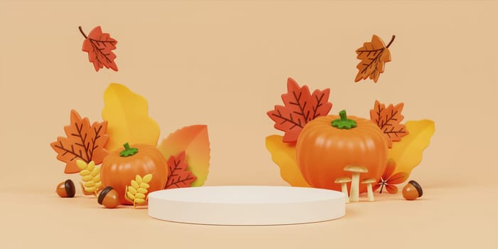 Autumn Display Podium Decoration Background with Autumn leaves and empty minimal podium pedestal product display. 3d render illustration..