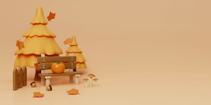 3d Autumn with fallen leaves, bench and pine tree. concept of autumn, winter and outdoors. copy space text, 3D rendering.