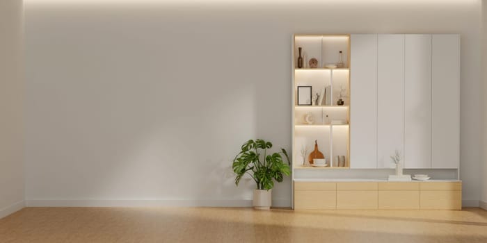 Modern minimalist interior living room with wooden cabinet and plant on empty white wall background.3D rendering.