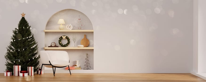 Cozy living room decorated for the Christmas and New Year. Winter holidays interior with Xmas tree, armchairs, gifts, garland. 3d render illustration.