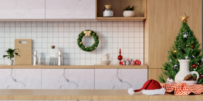 Christmas kitchen room with a christmas tree and Christmas decorations - modern classic style, 3D render.