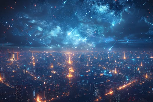 A cityscape with many tall buildings and a bright orange line. The city is lit up with neon lights and the sky is filled with stars. Scene is futuristic and vibrant