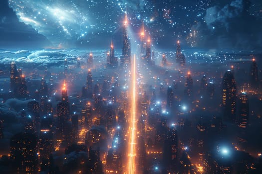 A cityscape with many tall buildings and a bright orange line. The city is lit up with neon lights and the sky is filled with stars. Scene is futuristic and vibrant