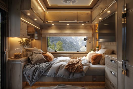 luxury bedroom of camper van. camping concept.