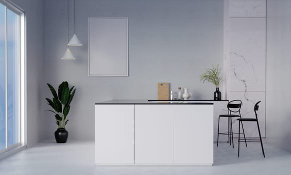 Blank vertical poster frame mock up in Elegant contemporary kitchen room on light wall background. 3D render illustration.