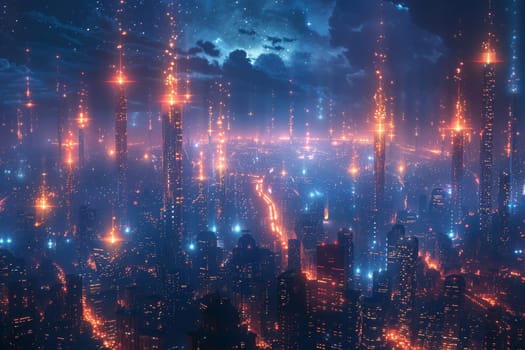 A cityscape with many tall buildings and a bright orange line. The city is lit up with neon lights and the sky is filled with stars. Scene is futuristic and vibrant