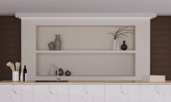 Modern elegant kitchen. wooden walls, marble tabletop, modern bar. interior kitchen room. 3D rendering.