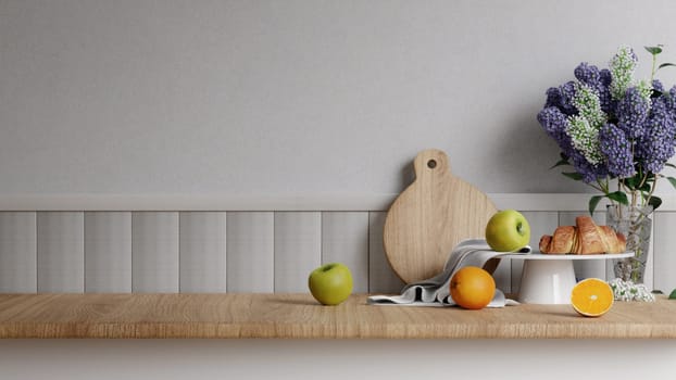 Blank empty space on beautiful wood. wooden counter top with croissant, fruit, flower Backdrop. 3d render illustration.