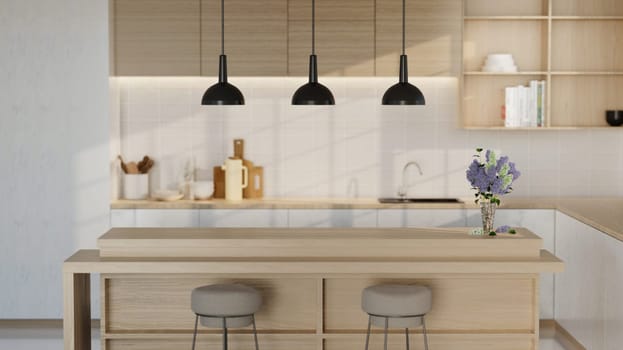 Minimal cozy kitchen white modern interior in farmhouse style. nordic kitchen in loft apartment. 3D rendering..