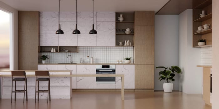 Modern Contemporary kitchen room interior .white marble and wood material. 3D rendering..