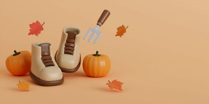 Hello Autumn with boot, leaves, pumpkins, and Shoveling fork background. 3d Fall leaves for the design of Fall banners, posters, advertisements, cards, sales. 3d render illustration..