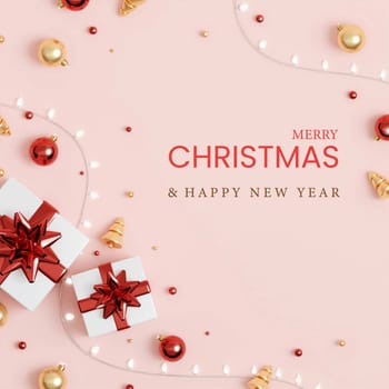 Christmas banner. Background Xmas design of sparkling lights garland, with realistic gifts box, glitter gold confetti. square New Year poster, greeting card, header, website. 3d render.
