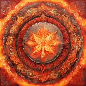 Firey kaleidoscope of a glowing mandala in red orange golden colors, flames sparks circle symmetrical design.