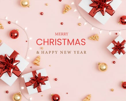 Christmas banner. Background Xmas design of sparkling lights garland, with realistic gifts box, glitter gold confetti. Horizontal New Year poster, greeting card, header, website. 3d render.