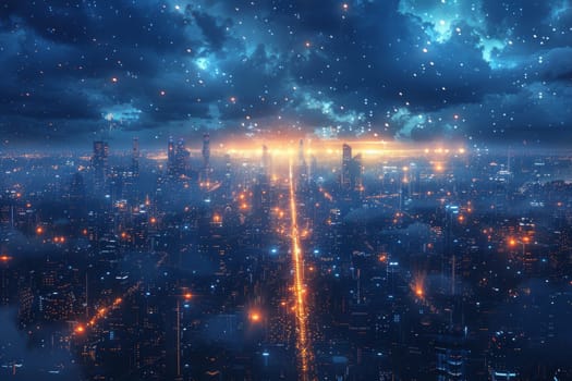 A cityscape with many tall buildings and a bright orange line. The city is lit up with neon lights and the sky is filled with stars. Scene is futuristic and vibrant