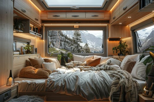 luxury bedroom of camper van. camping concept.