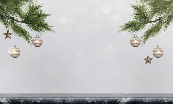 Christmas interior wall mockup with hanging pine branches with holiday decorations above rustic marble shelf on empty white background. 3D rendering, illustration..