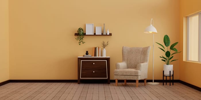 3D rendering minimal style living room with chair, wooden brown cabinet wooden, lamp on wood floor yellow wall.
