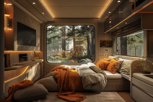 luxury bedroom of camper van. camping concept.